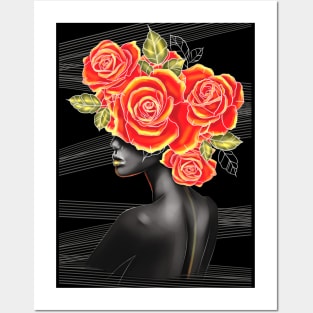 Black and white girl with color beautiful flowers in her head. Posters and Art